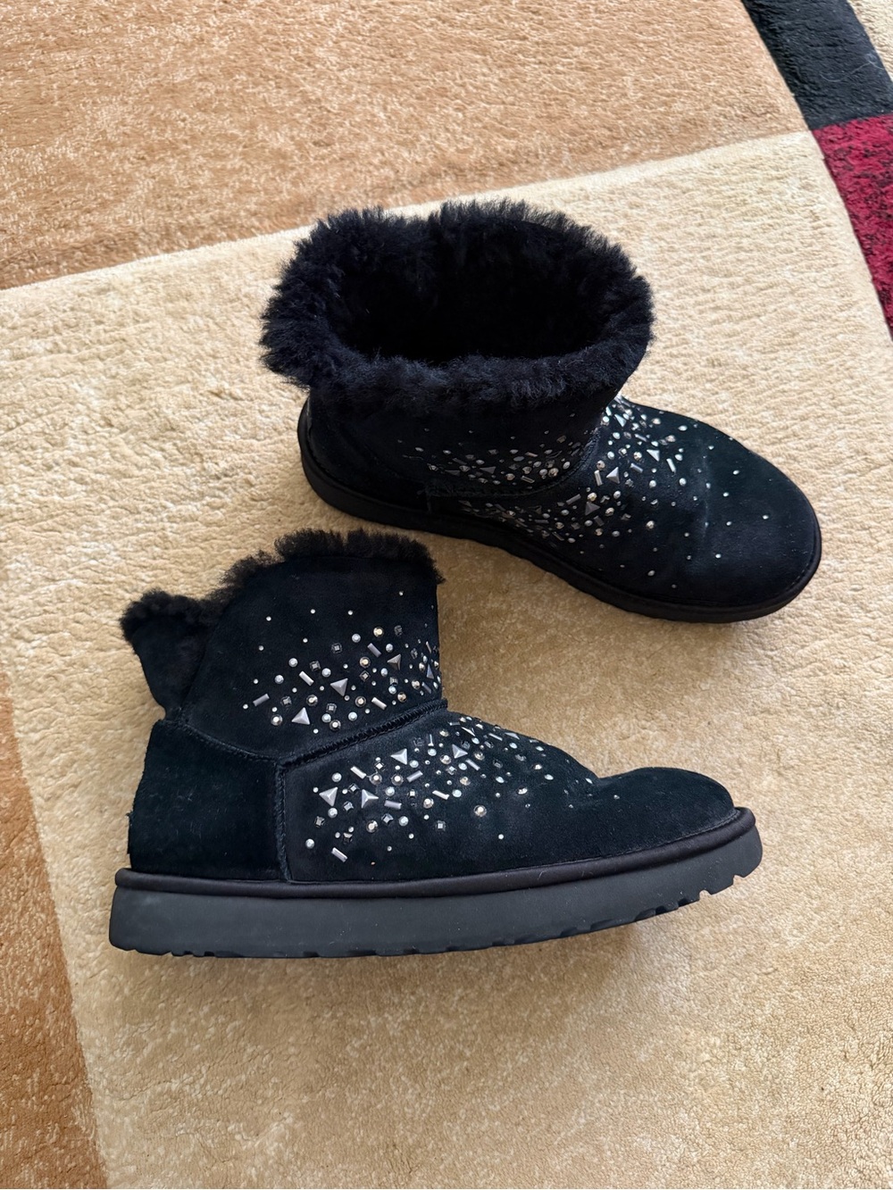 UGG Black Embellished Fur-Trim Short Boots
